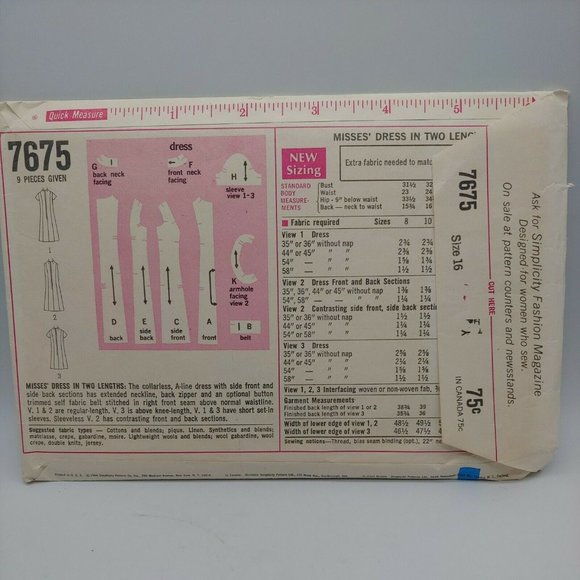 Simplicity Womens Miss 7675 Size 16 Bust 38 Uncut Sewing Pattern - Picture 3 of 4